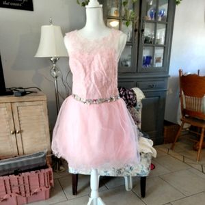 Pink party dress size 12 with opaque shoes , and scarf.